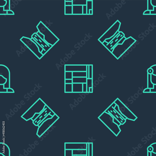 Set line House Edificio Mirador, Algar waterfall and Spanish woman on seamless pattern. Vector.