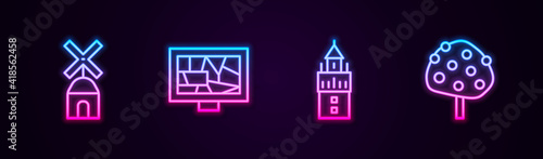 Set line Windmill, Picture art, Giralda and Orange tree. Glowing neon icon. Vector.
