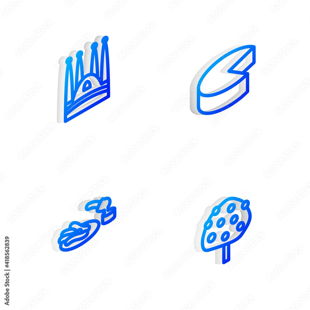Set Isometric line Cheese, Sagrada Familia, Churros and chocolate and Orange tree icon. Vector. Set Isometric line Cheese, Sagrada Familia, Churros and chocolate and Orange tree icon. Vector.