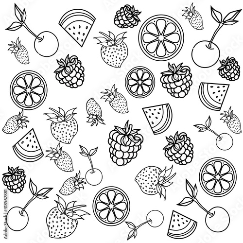 Vector coloring book for meditation and relax.Fruits.Black and white image on a white background of isolated elements.Cherries,watermelon, strawberries, citrus and strawberries.