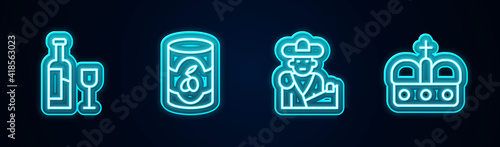 Set line Wine bottle with glass, Olives can, Bullfight, matador and Crown of spain. Glowing neon icon. Vector.