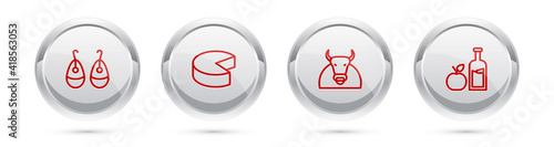 Set line Earrings, Cheese, Bull and Apple cider bottle. Silver circle button. Vector.