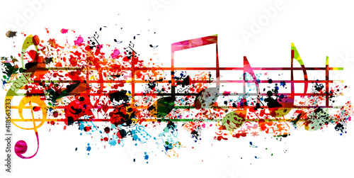 Colorful musical promotional poster with musical notes isolated vector illustration. Artistic background with G-clef for live concert events, music festivals and shows, party flyer template