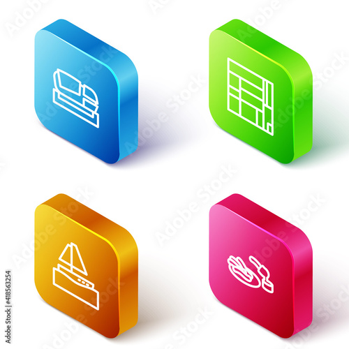 Set Isometric line Stadium Mestalla, House Edificio Mirador, Yacht sailboat and Churros and chocolate icon. Vector.