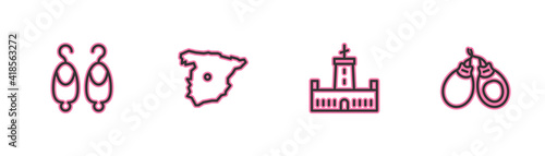 Set line Earrings, Montjuic castle, Map of Spain and Castanets icon. Vector.