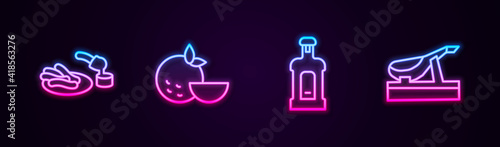 Set line Churros and chocolate, Orange fruit, Orujo and Spanish jamon. Glowing neon icon. Vector.