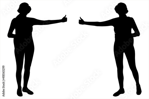 Tourist hitchhiking rides. Hitchhiking tourism. Hitchhiker traveling. Set of two silhouettes - girl, woman, climber, tourist, rock-climber with a backpack on a back, with a hat on the head.