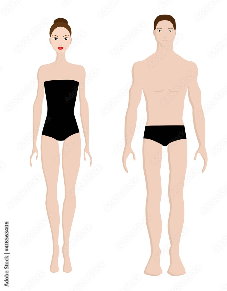 Colored flat design style illustration, male and female, dressed in black underwear. Isolated on white background Colored flat design style illustration, male and female, dressed in black underwear. Isolated on white background