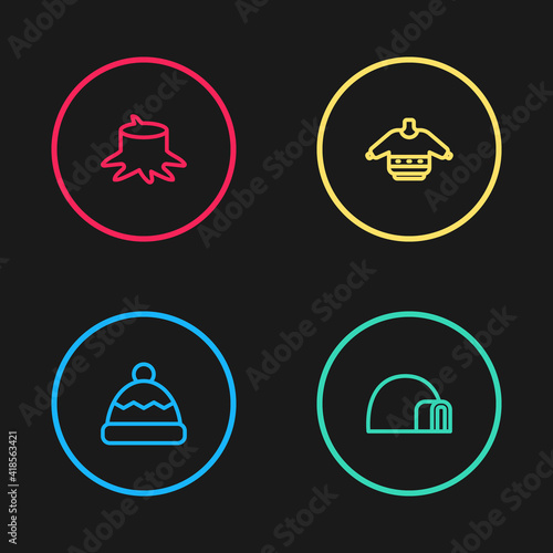 Set line Beanie hat, Igloo ice house, Christmas sweater and Tree stump icon. Vector.
