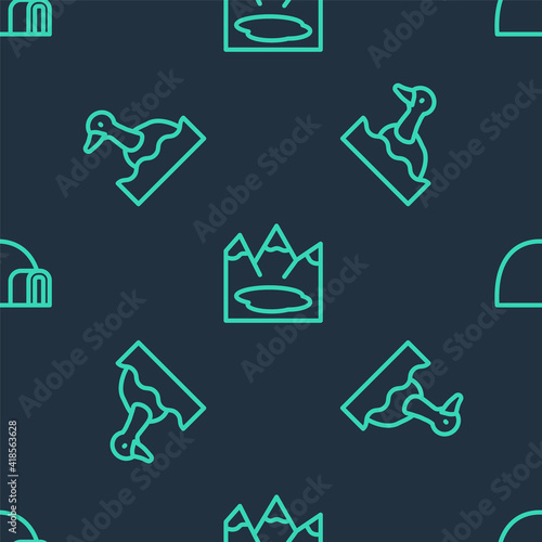 Set line Canadian lake  Flying duck and Igloo ice house on seamless pattern. Vector.