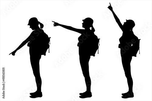 Set of three silhouettes - girl, woman, climber, tourist, rock-climber with a backpack on a back, with a hat on the head - side view, profile. Tourist shows the direction a hand up, forward, down. 
