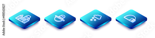 Set Isometric line Chateau Frontenac hotel, Canadian ranger, Cloud with snow and Igloo ice house icon. Vector.