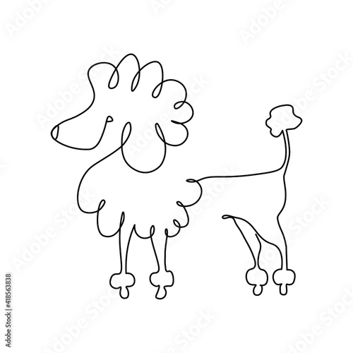 Pet Poodle drawing one line isolated on white, Simple Dog Design Art Vector Illustration. Self-drawing of one continuous line.
