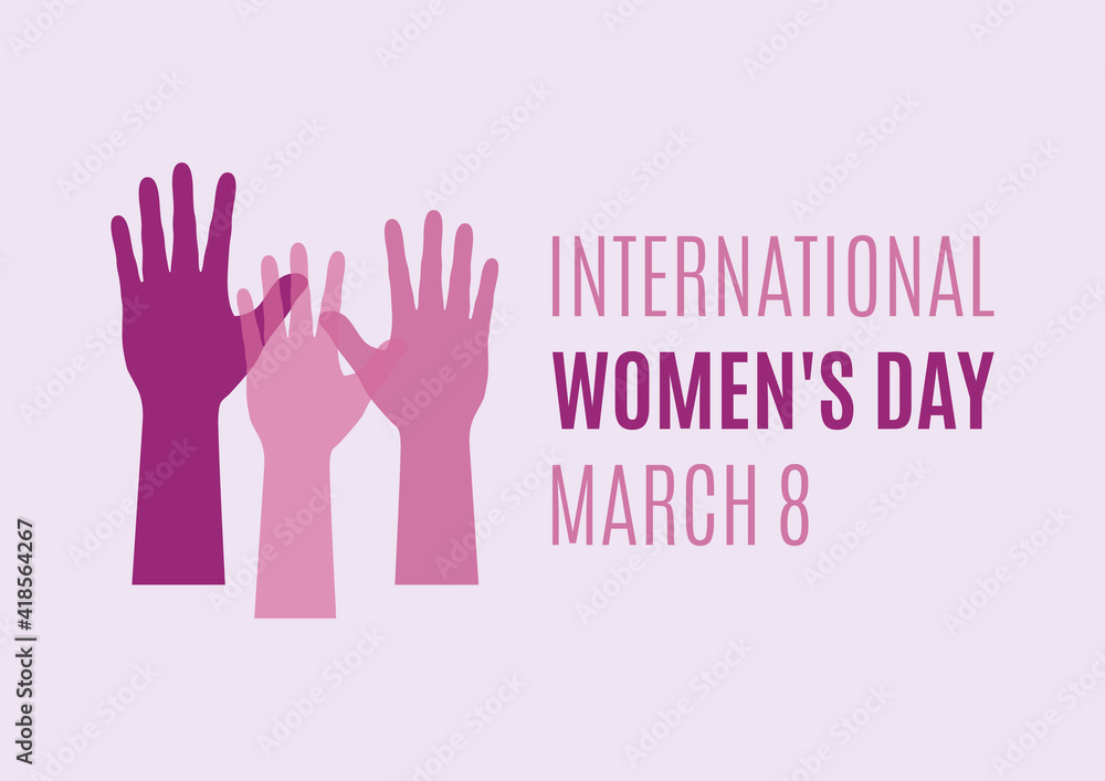 International Women's Day, March 8 Poster with woman hand purple silhouette vector. Womens Day greeting card with pink female hands up silhouette icon. Important day International Women's Day, March 8 Poster with woman hand purple silhouette vector. Womens Day greeting card with pink female hands up silhouette icon. Important day