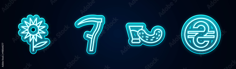 Set line Sunflower, Scythe, Glass with vodka and Ukrainian hryvnia. Glowing neon icon. Vector. Set line Sunflower, Scythe, Glass with vodka and Ukrainian hryvnia. Glowing neon icon. Vector.