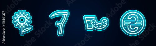 Set line Sunflower, Scythe, Glass with vodka and Ukrainian hryvnia. Glowing neon icon. Vector.