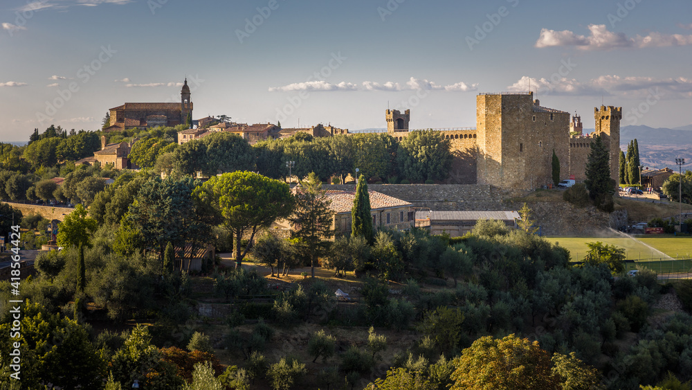 Panoramic view of Montalcino with the castle and the Cathedral church, Tuscany, Italy