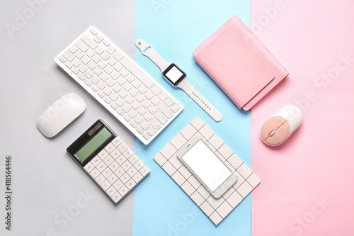 Composition with different modern devices on color background
