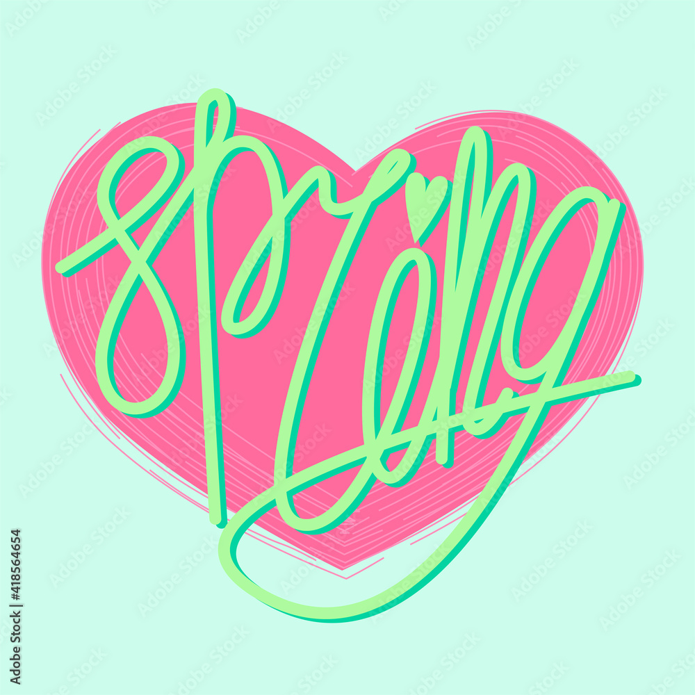 Lettering spring in a modern style on the background of the heart