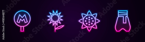 Set line Metro or Underground, Sunflower, and Cossack pants. Glowing neon icon. Vector.