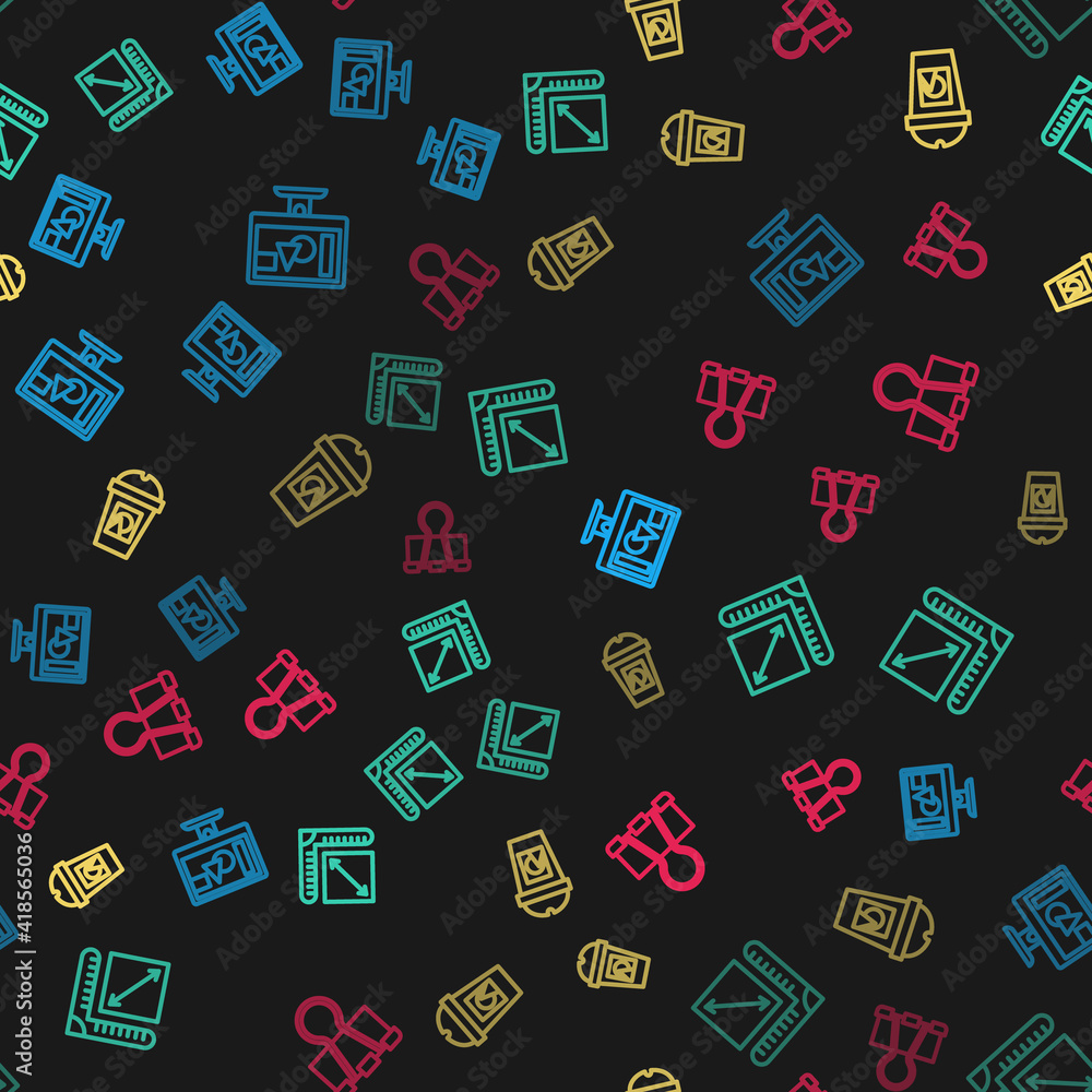 Set line Computer monitor screen, Paper size, Coffee cup go and Binder clip on seamless pattern. Vector. Set line Computer monitor screen, Paper size, Coffee cup go and Binder clip on seamless pattern. Vector.