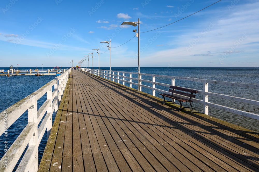 Pier in Mechelinki. Mechelinki is a fishing village and a popular tourist destination on the Baltic Sea in Poland