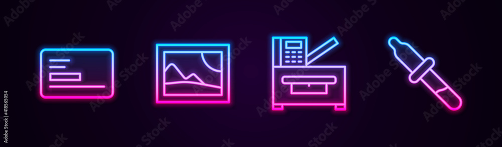Set line Business card, Picture landscape, Copy machine and Pipette. Glowing neon icon. Vector. Set line Business card, Picture landscape, Copy machine and Pipette. Glowing neon icon. Vector.