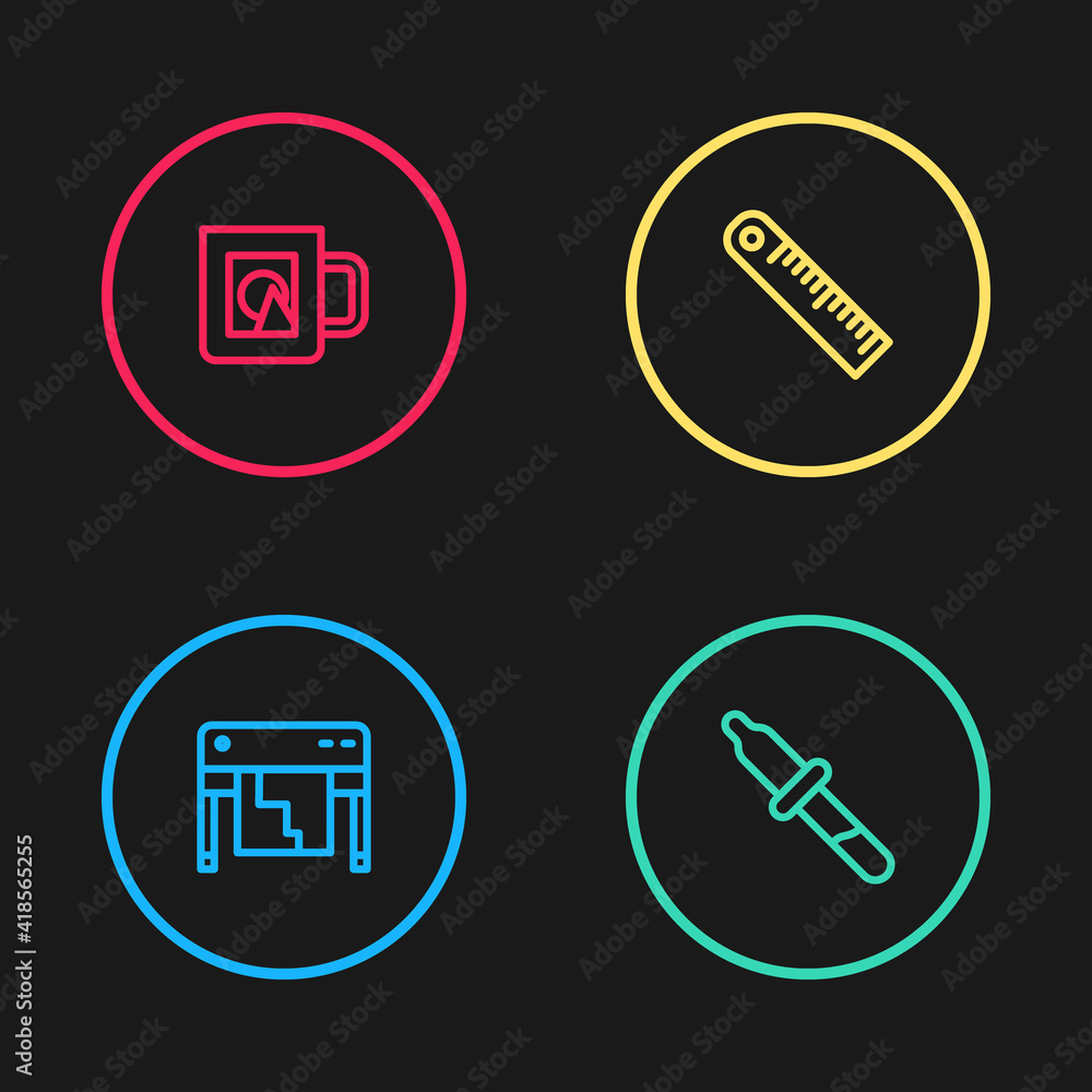 Set line Plotter, Pipette, Ruler and Coffee cup icon. Vector. Set line Plotter, Pipette, Ruler and Coffee cup icon. Vector.