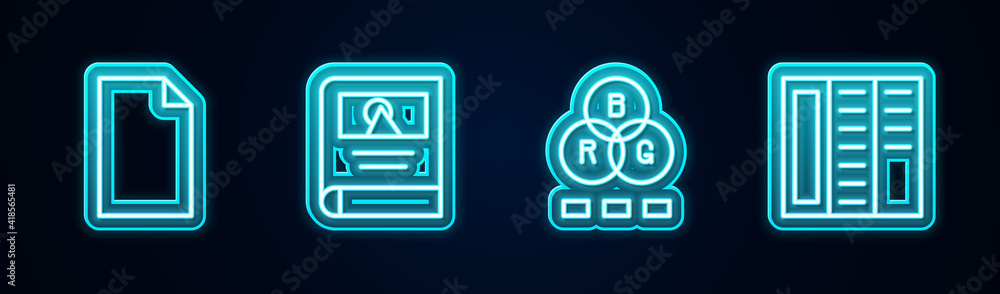 Set line Empty document, Photo album gallery, RGB color mixing and Brochure. Glowing neon icon. Vector. Set line Empty document, Photo album gallery, RGB color mixing and Brochure. Glowing neon icon. Vector.