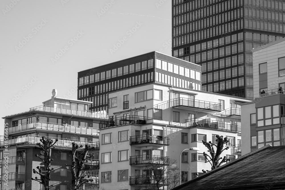 Urban buildings in Gothenburg, Sweden. Monochrome image.
