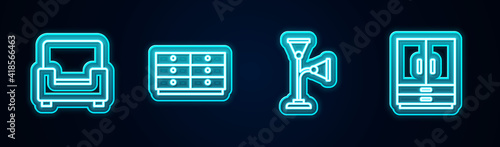 Set line Armchair, Chest of drawers, Floor lamp and Wardrobe. Glowing neon icon. Vector.