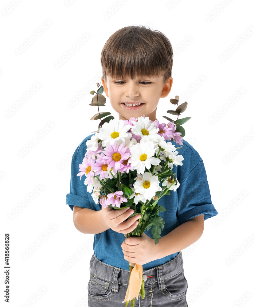 Cute little boy with bouquet of beautiful flowers on white background Cute little boy with bouquet of beautiful flowers on white background