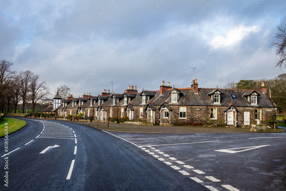 Crossroads at the Parton Row of houses in the village of Parton, Scotland