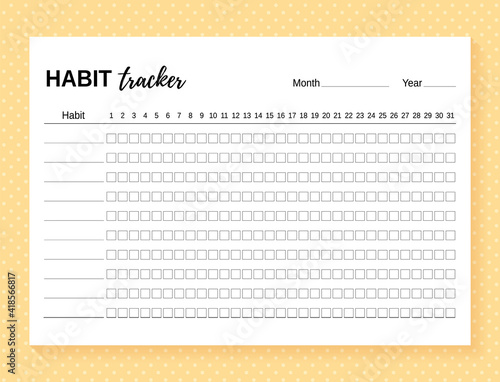 Habit tracker. Template habit diary for month. Vector illustration. Journal planner with bullets. Layout for daily goal list. Simple design. Horizontal, landscape orientation. Paper size A4.