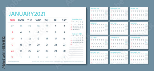 Calendar for 2021 year. Planner template. Week starts Sunday. Vector. Yearly stationery organizer. Calender layout. Horizontal monthly diary with 12 month. Table schedule grid. Simple illustration.