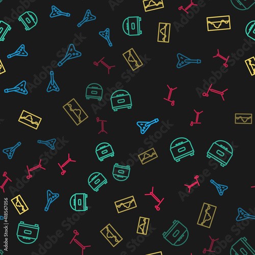 Set line Electric bass guitar, Stereo speaker, Music wave equalizer and Microphone with stand on seamless pattern. Vector.