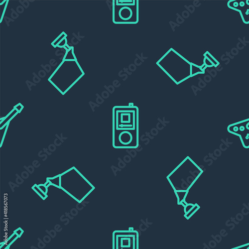 Set line Music player, Movie spotlight and Electric bass guitar on seamless pattern. Vector.
