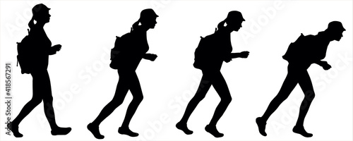 Set of four silhouettes - girl, woman, climber, tourist, rock-climber with a backpack on a back - side view. Walking tourist with the tail of hair on the head, with a hat. Runing tourist on the move.