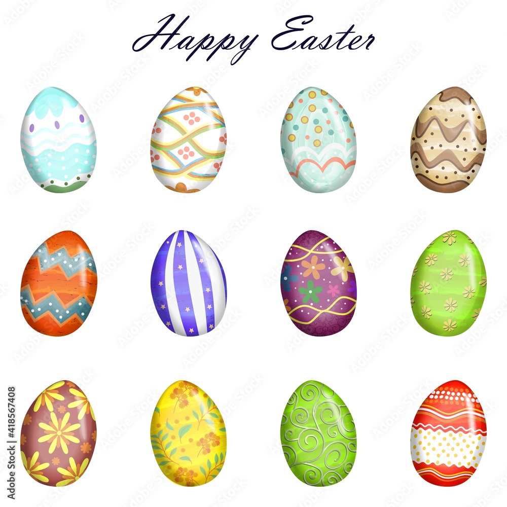 Happy Easter. Set of colorful decorated Easter eggs with different texture, pattern. Spring holiday. Happy Easter eggs. Vector illustration.