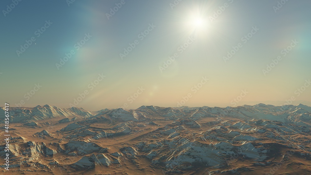 Fototapeta premium Exoplanet fantastic landscape. Beautiful views of the mountains and sky with unexplored planets. 3D illustration.