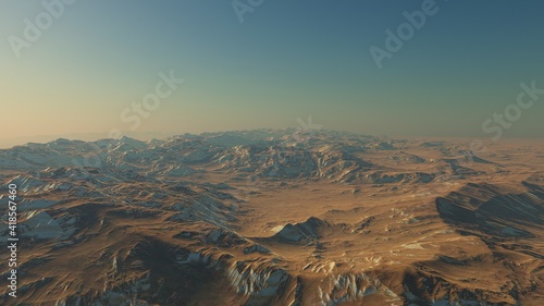 Exoplanet fantastic landscape. Beautiful views of the mountains and sky with unexplored planets. 3D illustration.