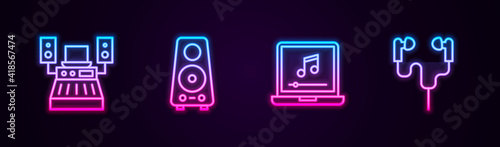 Set line Music recording studio, Stereo speaker, Laptop with music note and Air headphones. Glowing neon icon. Vector.