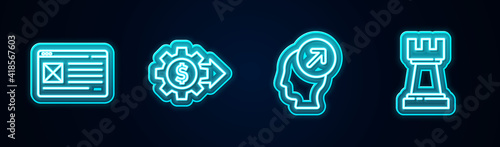 Set line Browser window, Gear with dollar, Head hunting concept and Chess. Glowing neon icon. Vector.