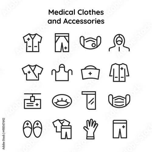 Collection of icons of medical uniforms clothing and accessories for nurses, doctors, laboratory assistants. Vector thin line flat illustration. Editable outline for web, UI, stories highlits