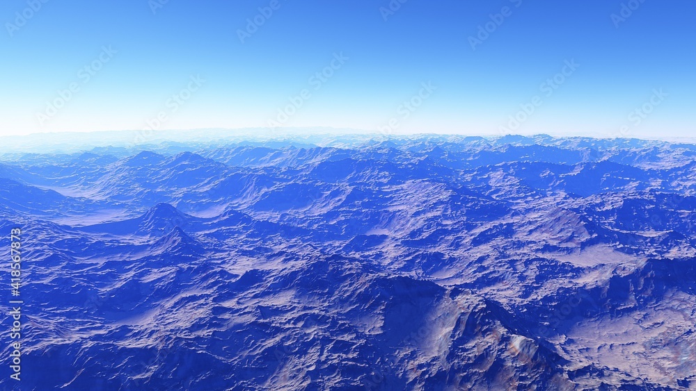 Exoplanet fantastic landscape. Beautiful views of the mountains and sky with unexplored planets. 3D illustration. Exoplanet fantastic landscape. Beautiful views of the mountains and sky with unexplored planets. 3D illustration.