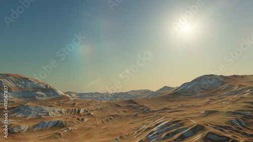 Exoplanet fantastic landscape. Beautiful views of the mountains and sky with unexplored planets. 3D illustration.