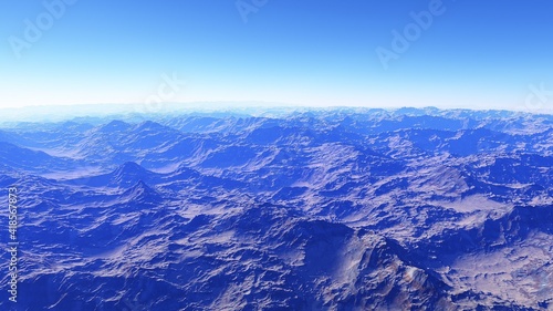 Exoplanet fantastic landscape. Beautiful views of the mountains and sky with unexplored planets. 3D illustration.