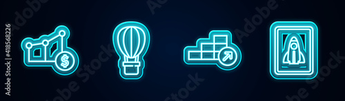 Set line Pie chart and dollar, Hot air balloon, Financial growth and Startup project concept. Glowing neon icon. Vector.