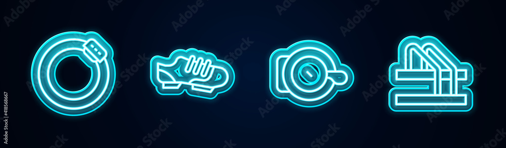 Set line Bicycle brake disc, shoes, bell and parking. Glowing neon icon. Vector. Set line Bicycle brake disc, shoes, bell and parking. Glowing neon icon. Vector.