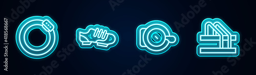 Set line Bicycle brake disc, shoes, bell and parking. Glowing neon icon. Vector.